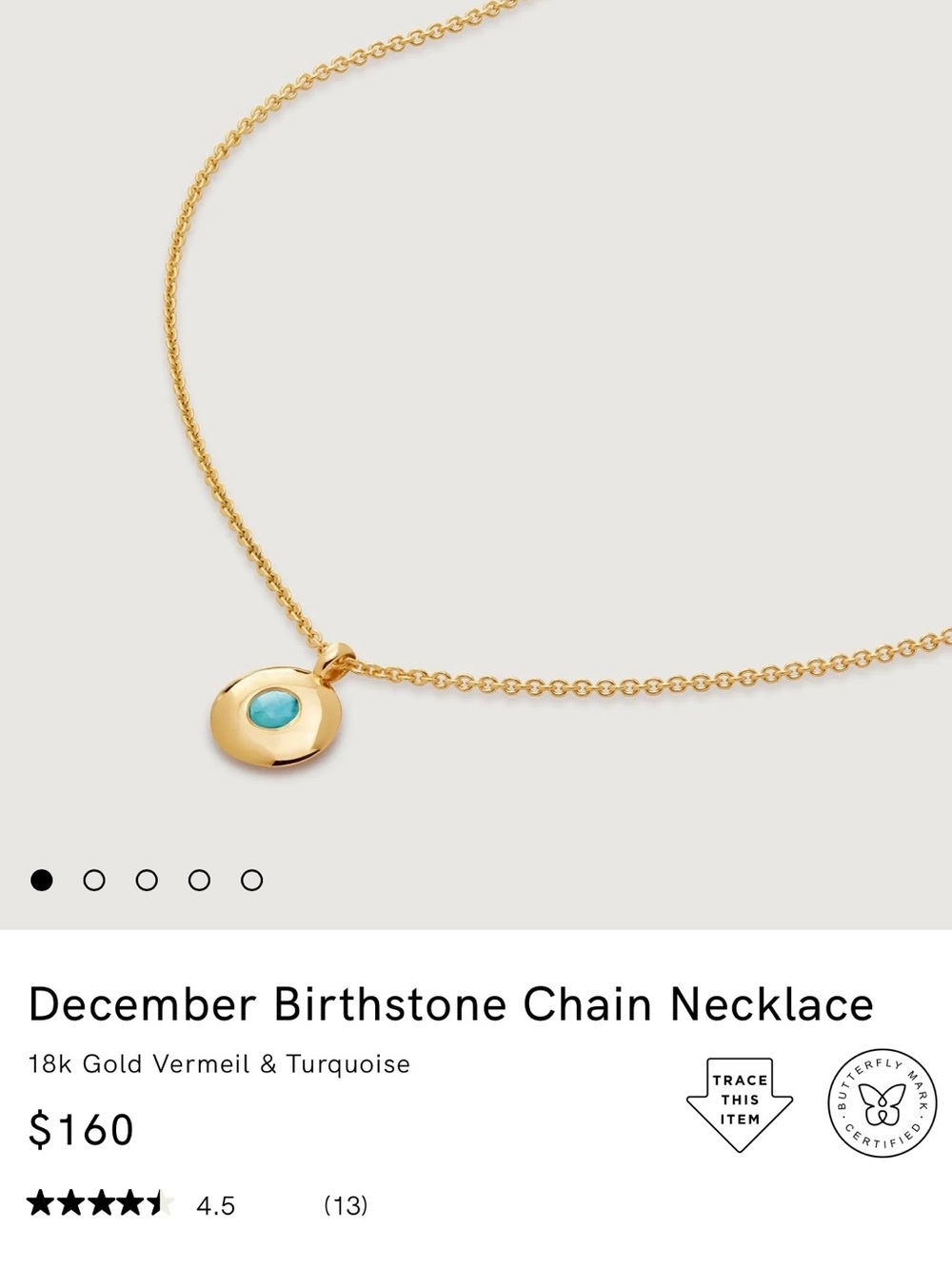 **NWT**MONICA VINADER Gold Vermiel Birthstone Necklace with Turquoise (December) - Picture 4 of 6